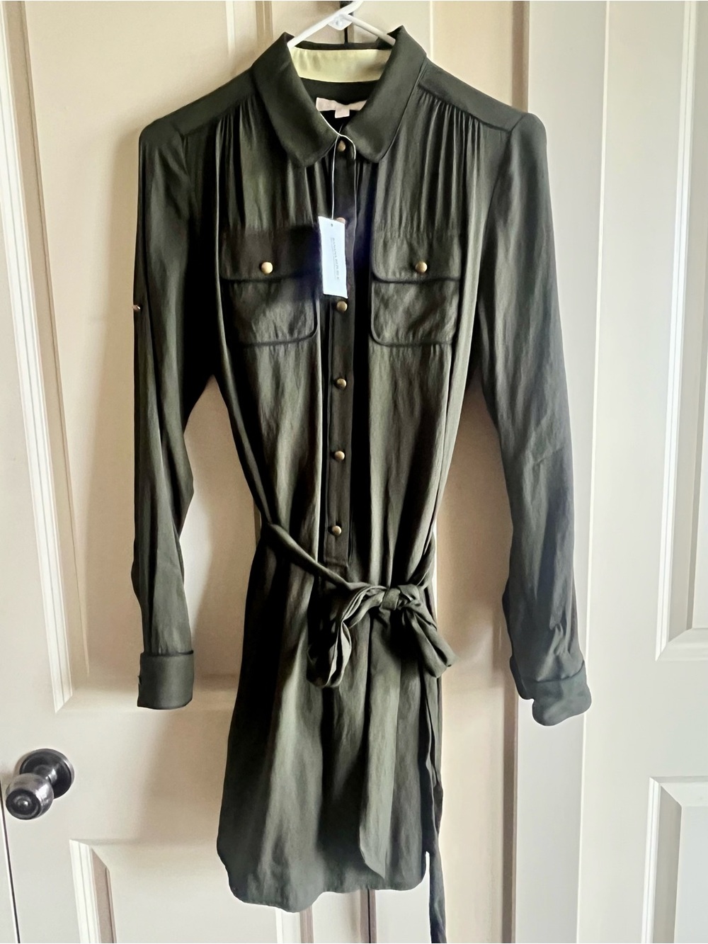 Button-Front Belted Shirt Dress in Forest Green size 2/4